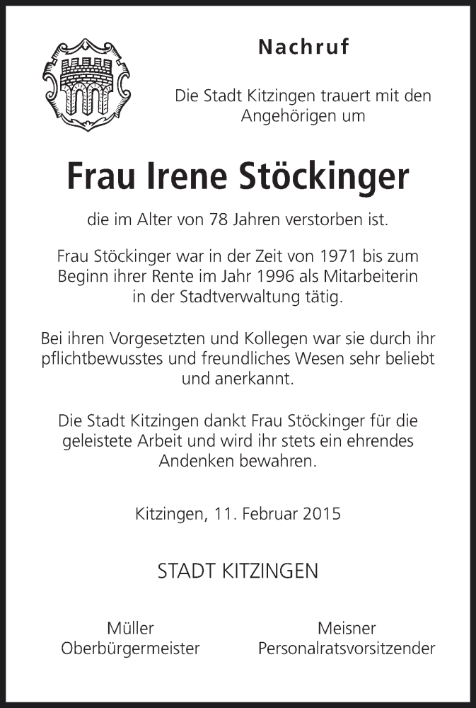  Traueranzeige für Irene Stöckinger vom 14.02.2015 aus MGO