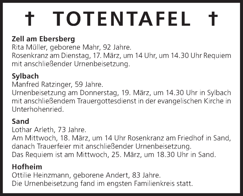  Traueranzeige für Totentafel vom 16.03.2015 vom 16.03.2015 aus MGO