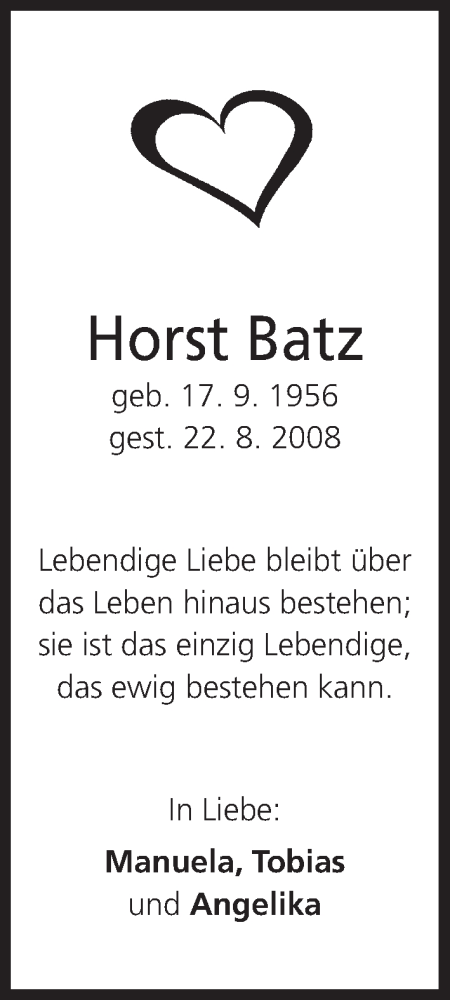  Traueranzeige für Horst Batz vom 22.08.2015 aus MGO