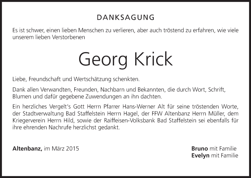  Traueranzeige für Georg Krick vom 14.03.2015 aus MGO
