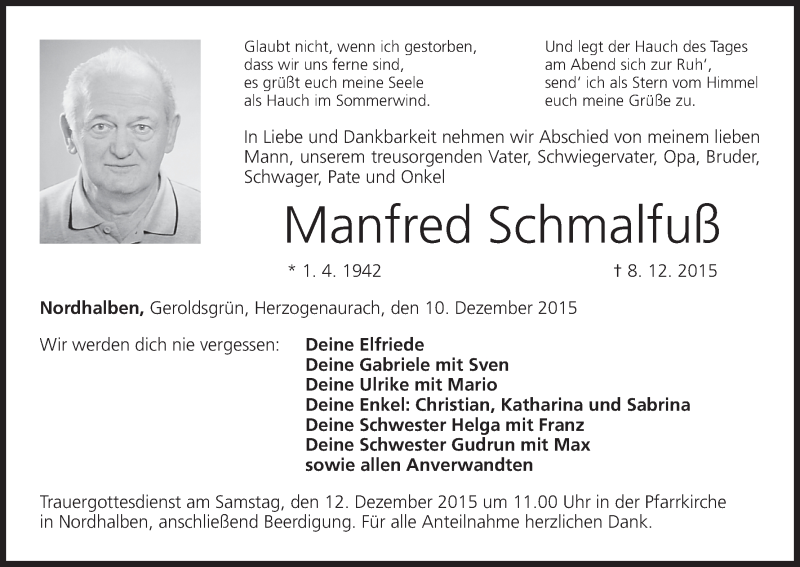  Traueranzeige für Manfred Schmalfuß vom 10.12.2015 aus MGO