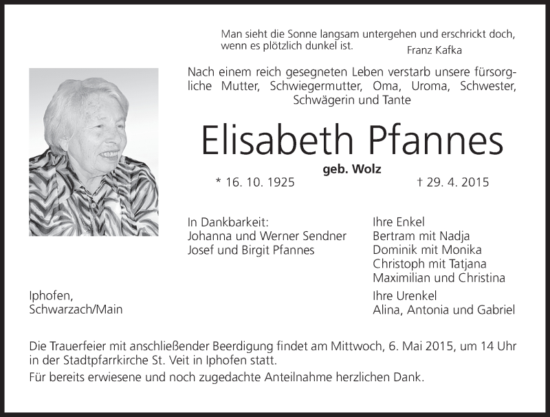  Traueranzeige für Elisabeth Pfannes vom 04.05.2015 aus MGO