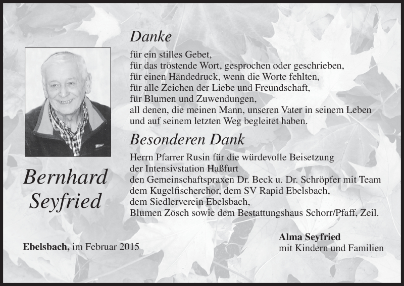  Traueranzeige für Bernhard Seyfried vom 14.02.2015 aus MGO