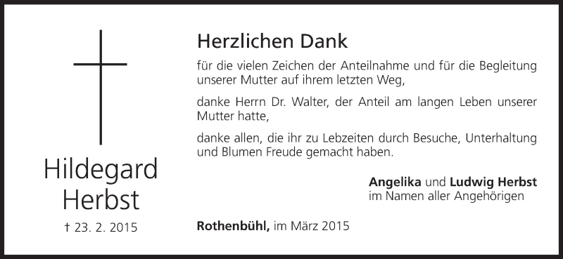  Traueranzeige für Hildegard Herbst vom 14.03.2015 aus MGO