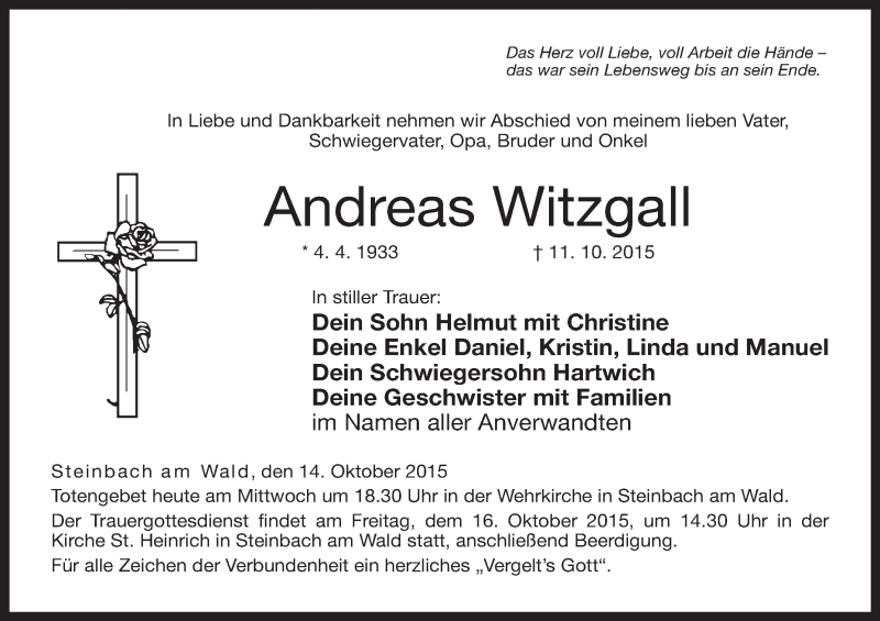  Traueranzeige für Andreas Witzgall vom 14.10.2015 aus MGO