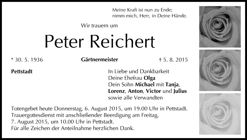  Traueranzeige für Peter Reichert vom 06.08.2015 aus MGO