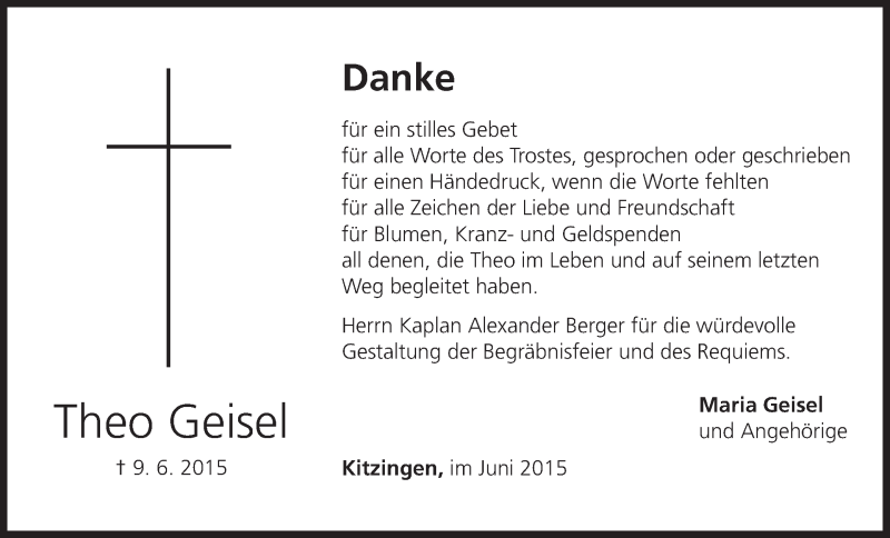  Traueranzeige für Theo Geisel vom 27.06.2015 aus MGO