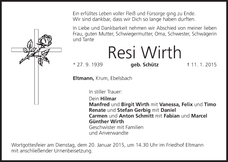  Traueranzeige für Resi Wirth vom 17.01.2015 aus MGO