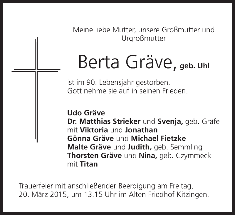  Traueranzeige für Berta Gräve vom 19.03.2015 aus MGO