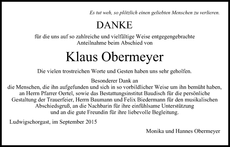  Traueranzeige für Klaus Obermeyer vom 26.09.2015 aus MGO