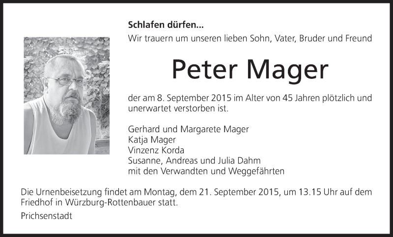  Traueranzeige für Peter Mager vom 18.09.2015 aus MGO