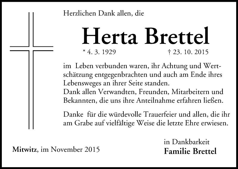 Traueranzeige für Herta Brettel vom 07.11.2015 aus MGO
