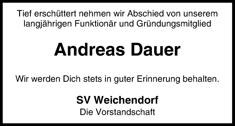  Traueranzeige für Andreas Dauer vom 05.02.2015 aus MGO