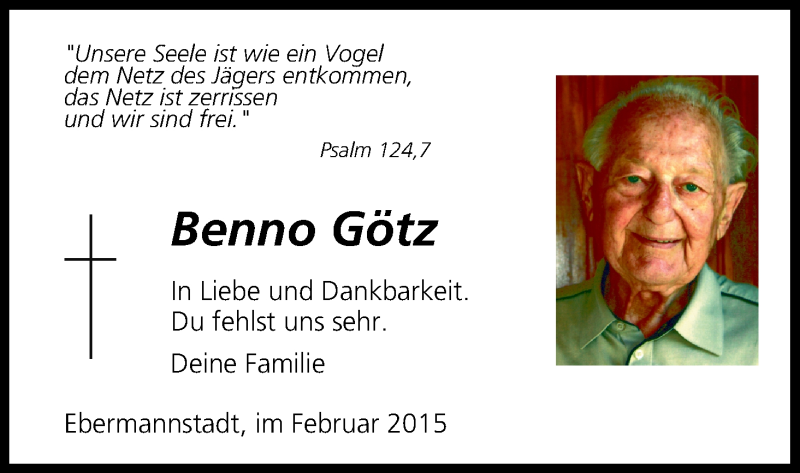  Traueranzeige für Benno Götz vom 12.02.2015 aus MGO