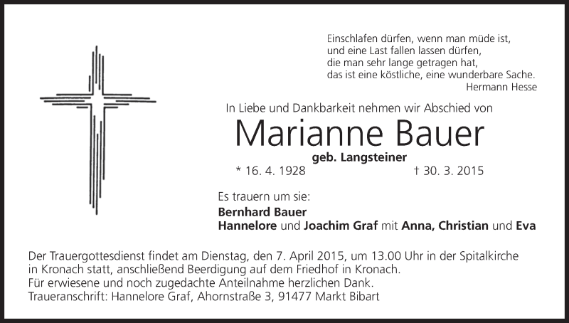  Traueranzeige für Marianne Bauer vom 04.04.2015 aus MGO
