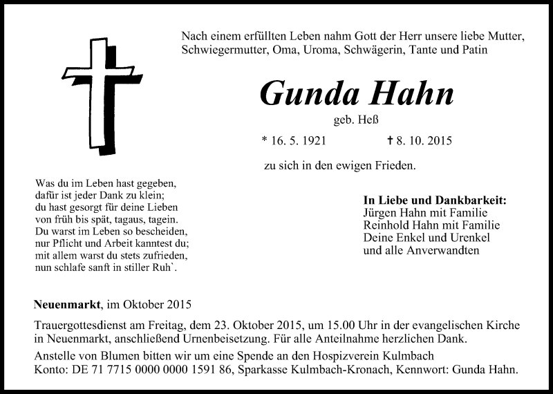  Traueranzeige für Gunda Hahn vom 17.10.2015 aus MGO