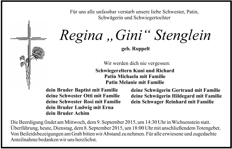  Traueranzeige für Regina Stenglein vom 08.09.2015 aus MGO