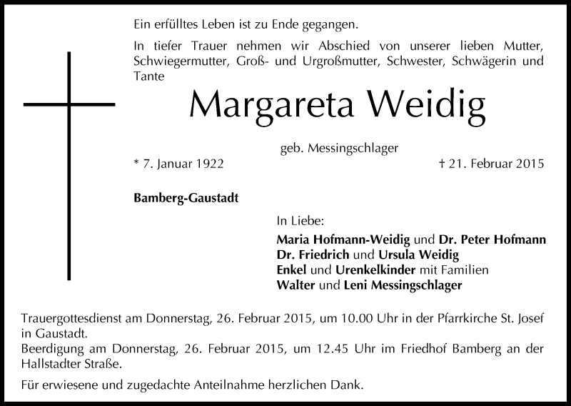  Traueranzeige für Margareta Weidig vom 24.02.2015 aus MGO