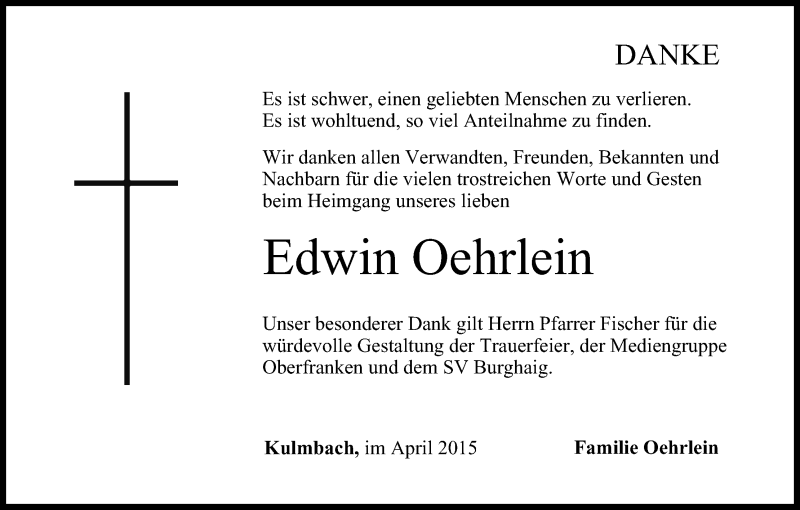  Traueranzeige für Edwin Oehrlein vom 11.04.2015 aus MGO