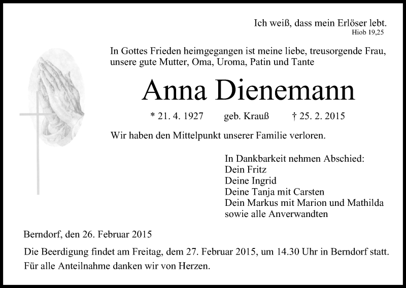  Traueranzeige für Anna Dienemann vom 26.02.2015 aus MGO