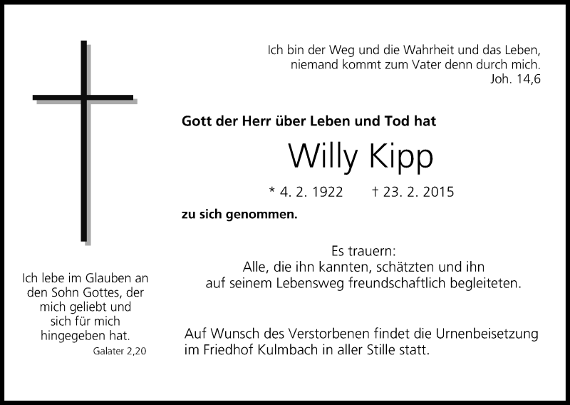 Traueranzeige für Willy Kipp vom 28.02.2015 aus MGO