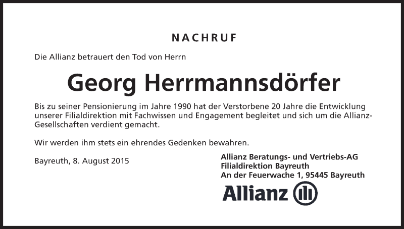  Traueranzeige für Georg Herrmannsdörfer vom 08.08.2015 aus MGO