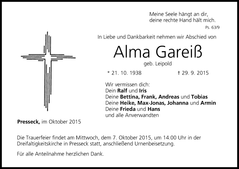  Traueranzeige für Alma Gareiß vom 05.10.2015 aus MGO