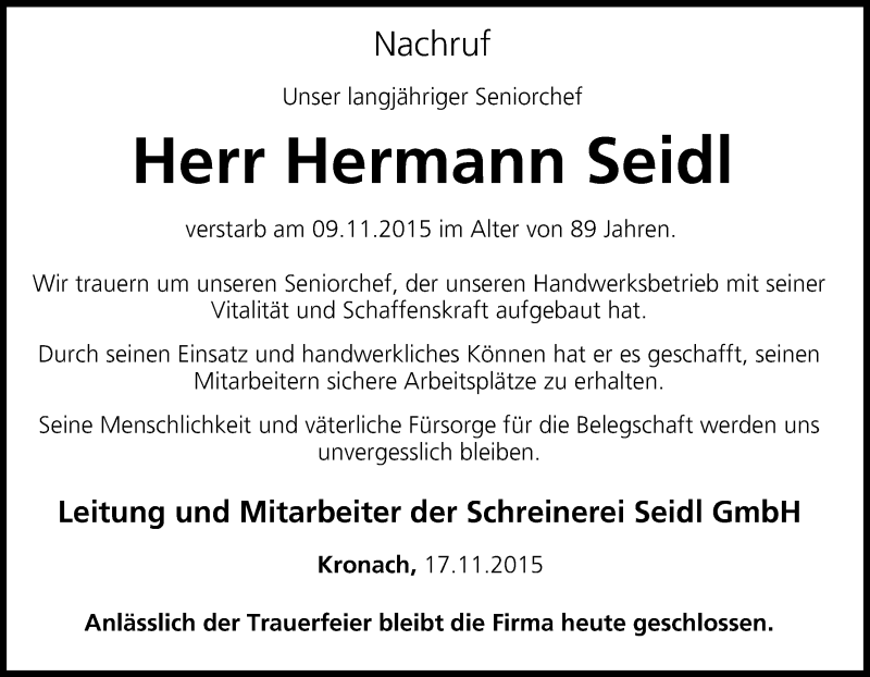  Traueranzeige für Hermann Seidl vom 17.11.2015 aus MGO