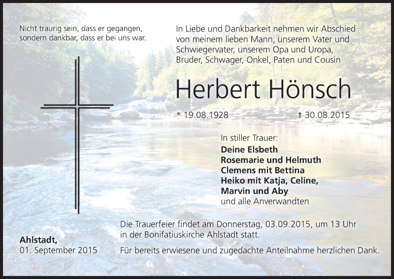  Traueranzeige für Herbert Hönsch vom 01.09.2015 aus MGO
