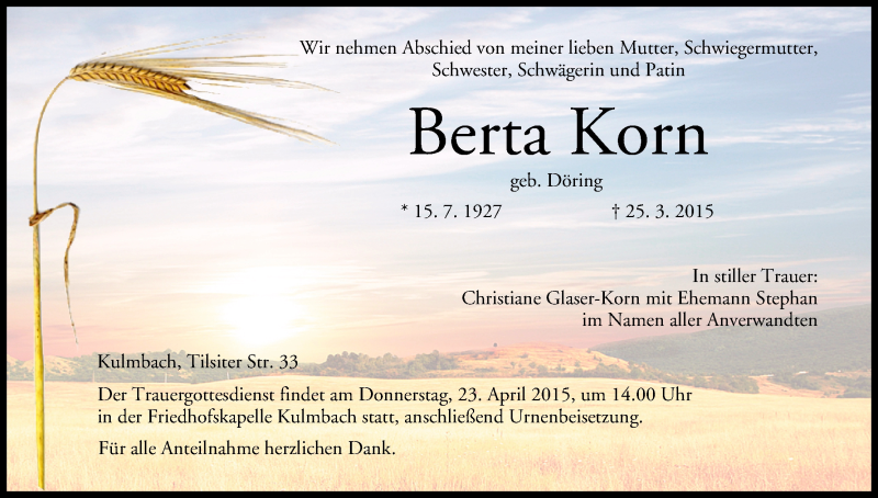  Traueranzeige für Berta Korn vom 20.04.2015 aus MGO