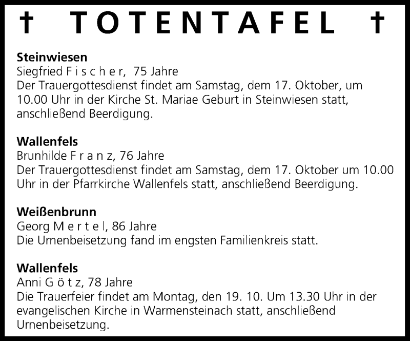  Traueranzeige für Totentafel vom 17.10.2015 vom 17.10.2015 aus MGO