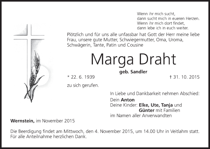  Traueranzeige für MArga Draht vom 02.11.2015 aus MGO