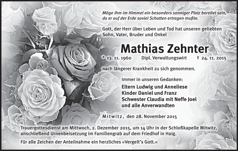  Traueranzeige für Mathias Zehnter vom 28.11.2015 aus MGO