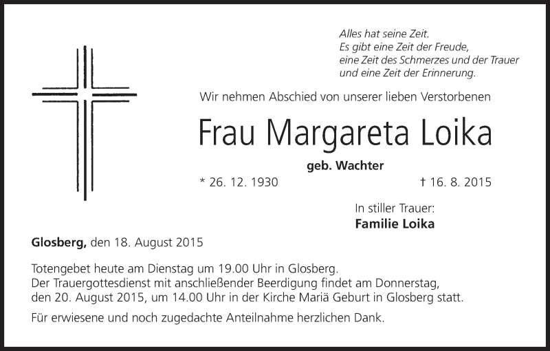  Traueranzeige für Margareta Loika vom 18.08.2015 aus MGO