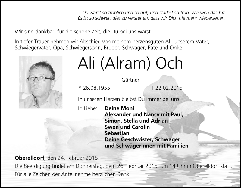  Traueranzeige für Ali Och vom 24.02.2015 aus MGO