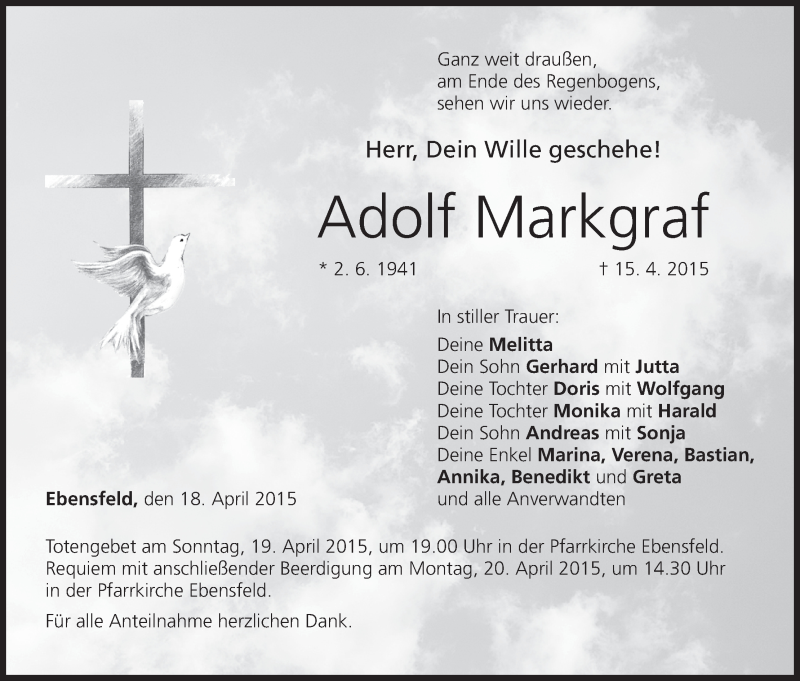  Traueranzeige für Adolf Markgraf vom 18.04.2015 aus MGO