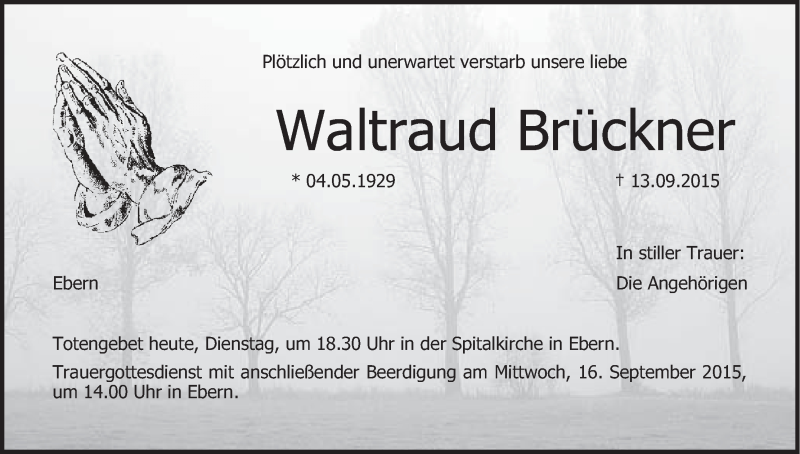  Traueranzeige für Waltraud Brückner vom 15.09.2015 aus MGO