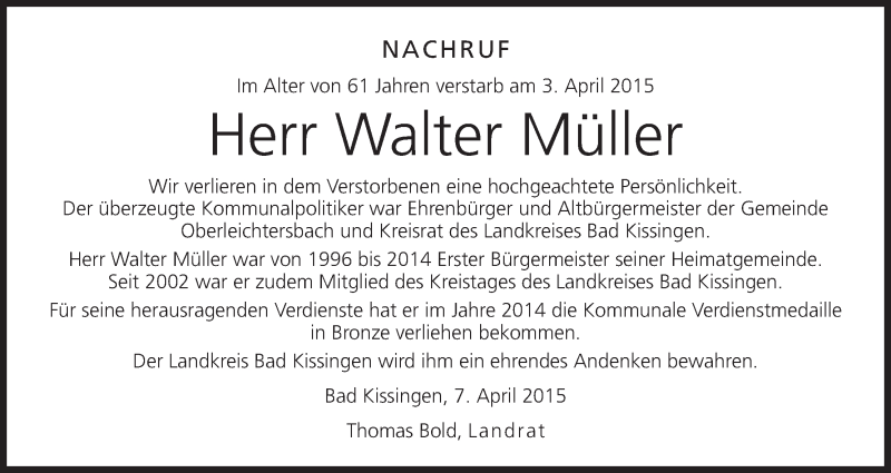  Traueranzeige für Walter Müller vom 08.04.2015 aus MGO