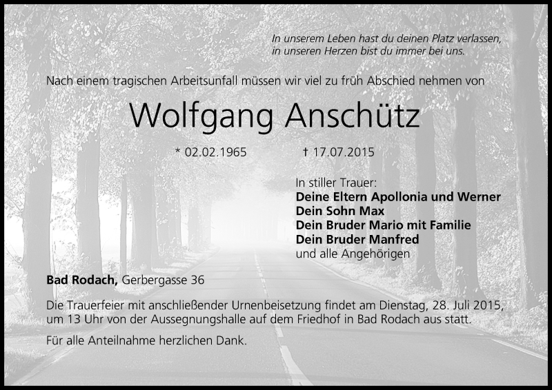  Traueranzeige für Wolfgang Anschütz vom 25.07.2015 aus MGO