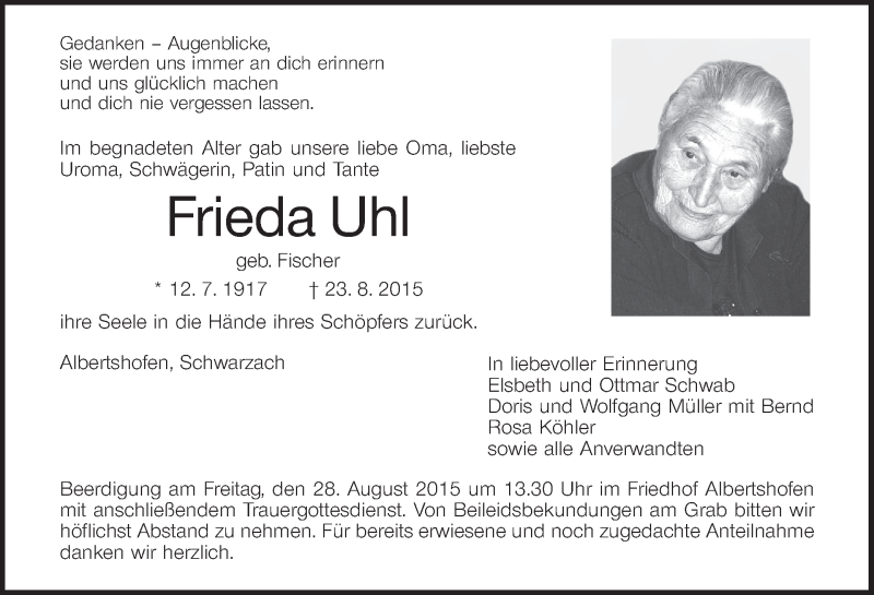  Traueranzeige für Frieda Uhl vom 26.08.2015 aus MGO