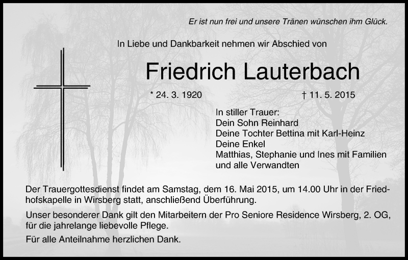  Traueranzeige für Friedrich Lauterbach vom 14.05.2015 aus MGO
