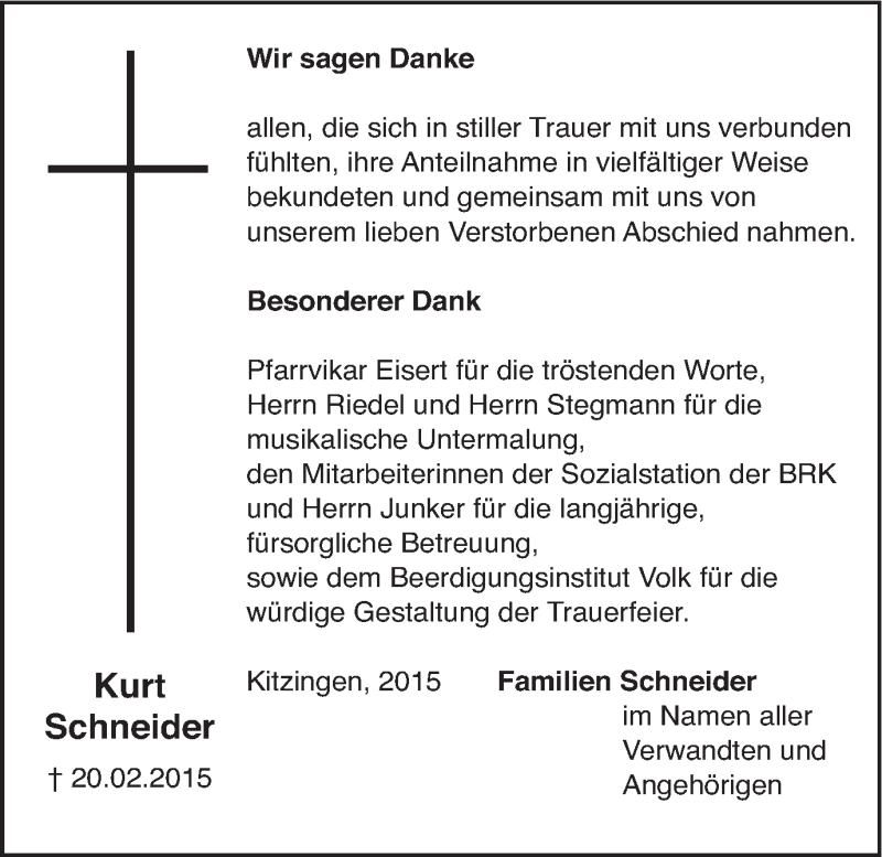  Traueranzeige für Kurt Schneider vom 21.03.2015 aus MGO