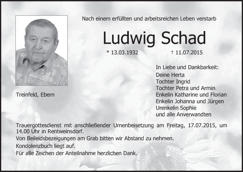  Traueranzeige für Ludwig Schad vom 15.07.2015 aus MGO