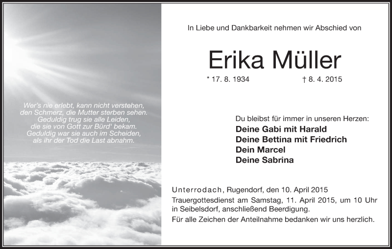  Traueranzeige für Erika Müller vom 10.04.2015 aus MGO