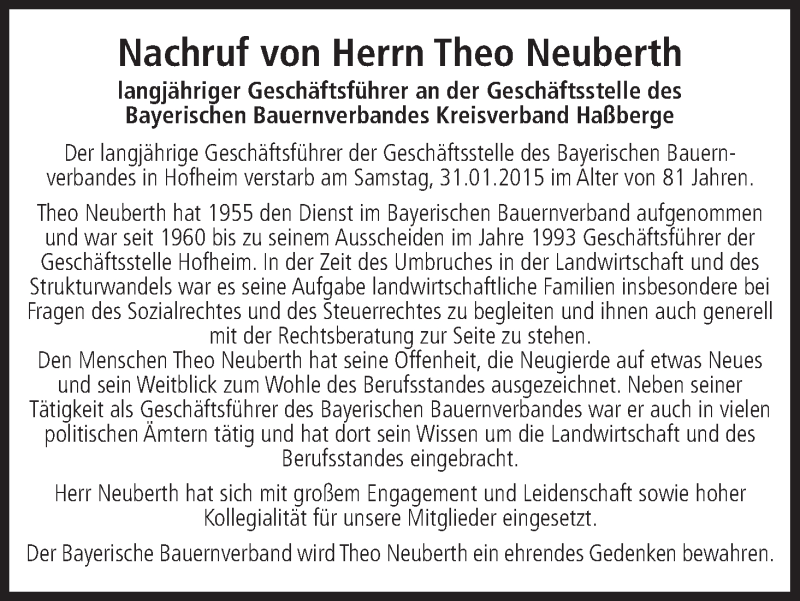  Traueranzeige für Theo Neuberth vom 06.02.2015 aus MGO