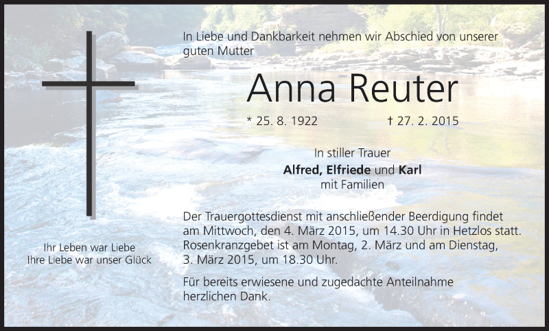  Traueranzeige für Anna Reuter vom 02.03.2015 aus MGO