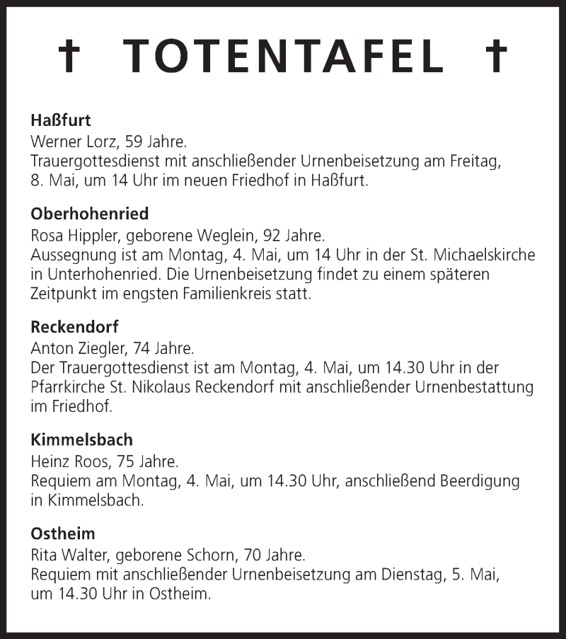  Traueranzeige für Totentafel vom 04.05.2015 vom 04.05.2015 aus MGO