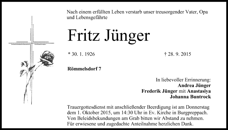  Traueranzeige für Fritz Jünger vom 29.09.2015 aus MGO