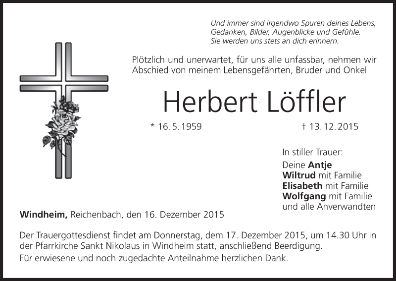  Traueranzeige für Herbert Löffler vom 16.12.2015 aus MGO