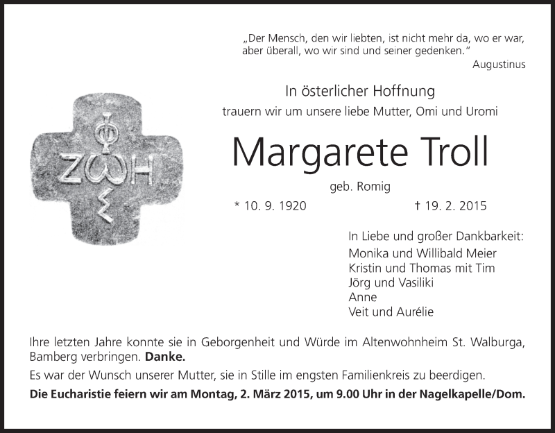  Traueranzeige für Margarete Troll vom 27.02.2015 aus MGO